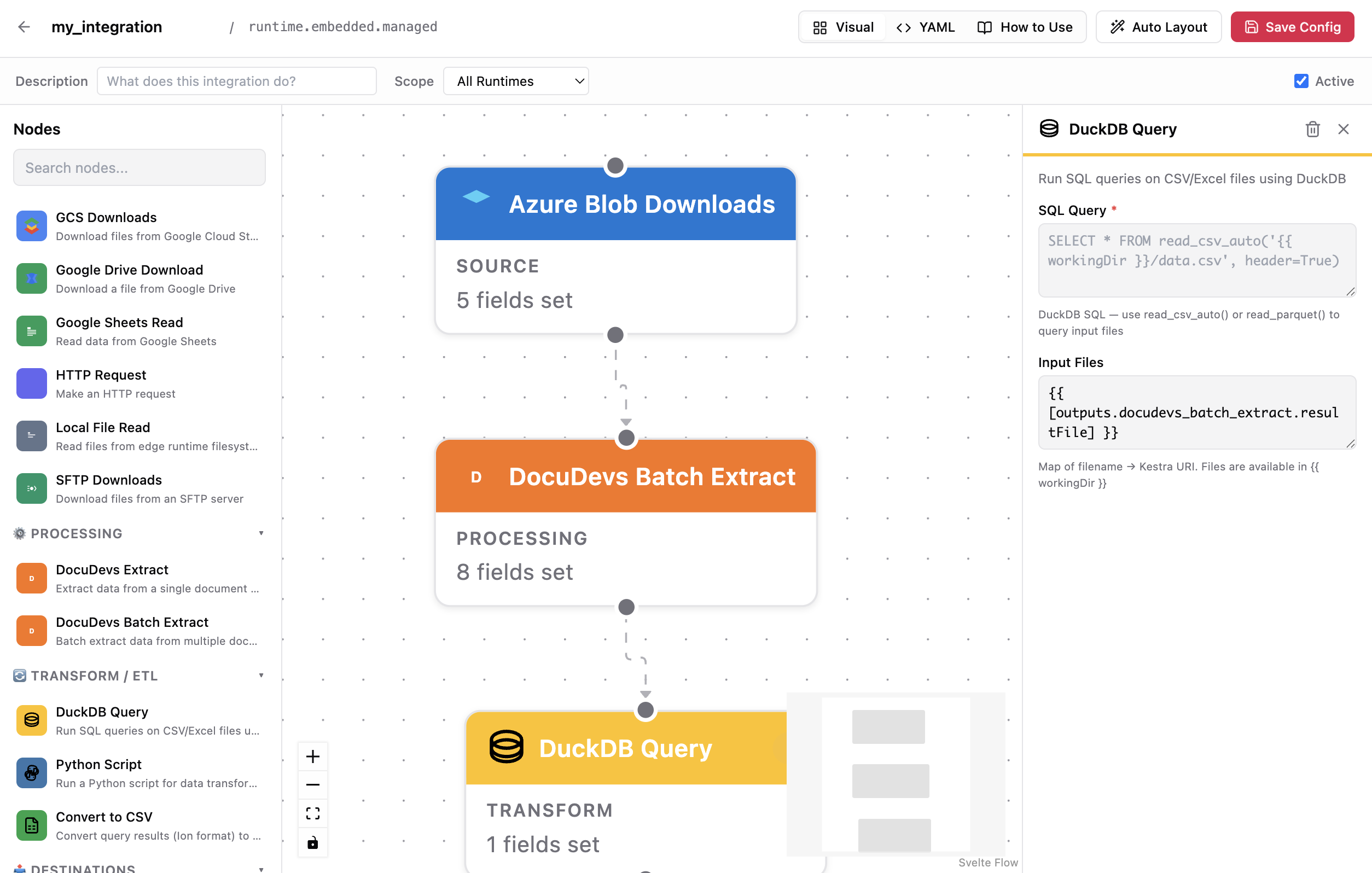 DocuDevs integration builder canvas showing Azure Blob Downloads, DocuDevs Batch Extract, and DuckDB Query nodes